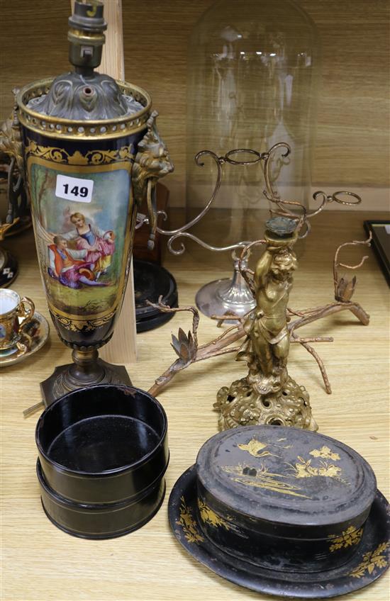 A floral gilt mounted table base, a Toleware tin and tray stands and glass dome